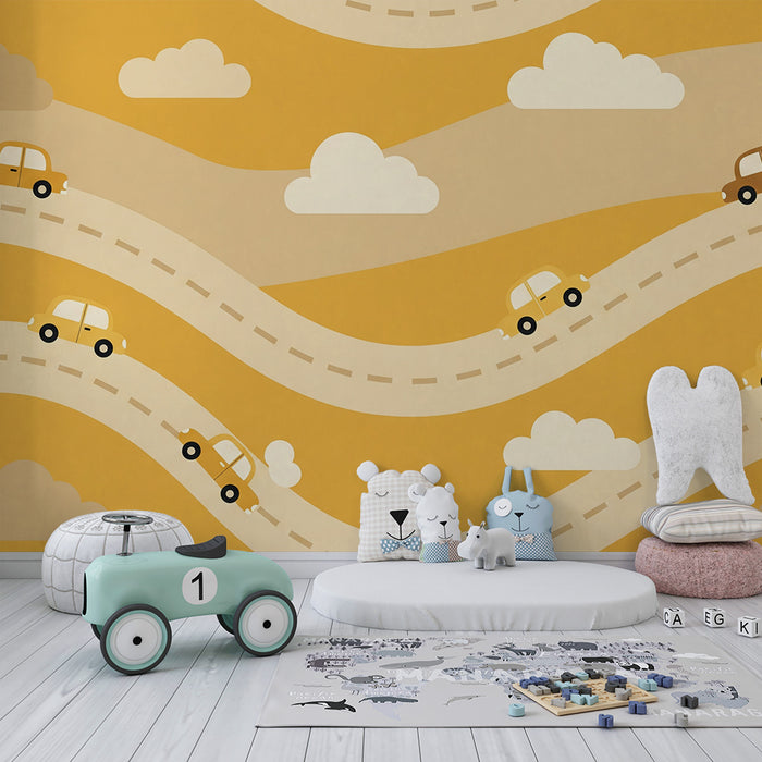 Papel de parede para quarto infantil | Carros coloridos em estradas sinuosas em tons amarelos