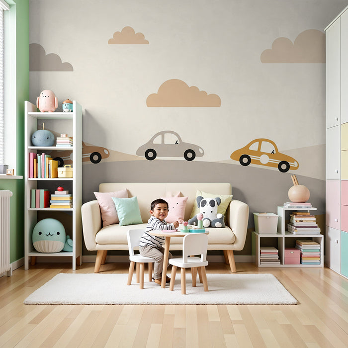 Papier peint chambre enfant | Voitures colorées sur une route ensoleillée
