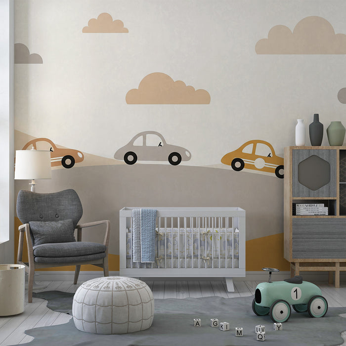 Papier peint chambre enfant | Voitures colorées sur une route ensoleillée
