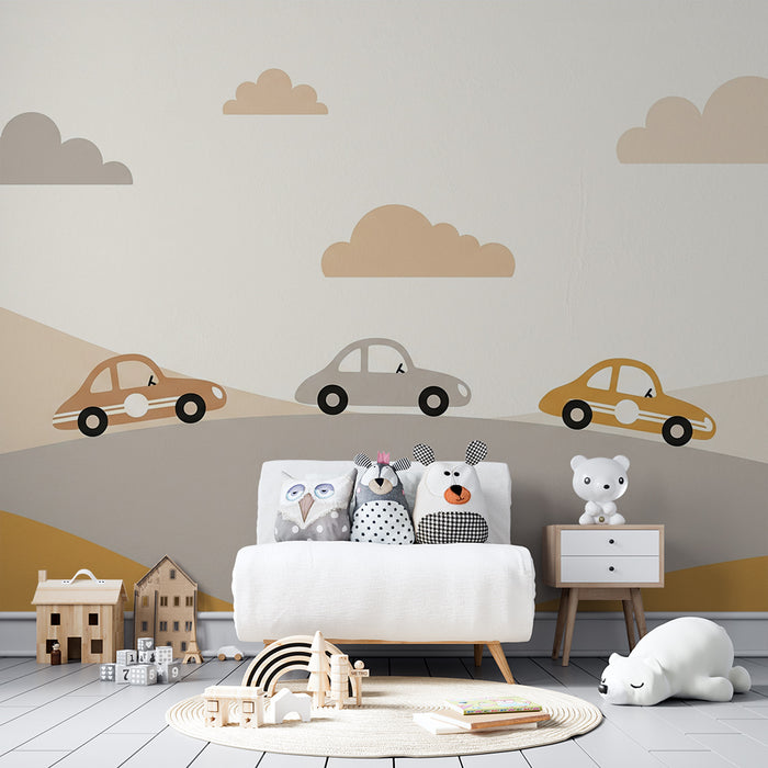 Papier peint chambre enfant | Voitures colorées sur une route ensoleillée