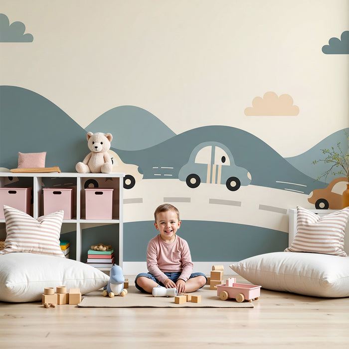 Papier peint chambre enfant | Voitures colorées sur une route sinueuse avec des collines