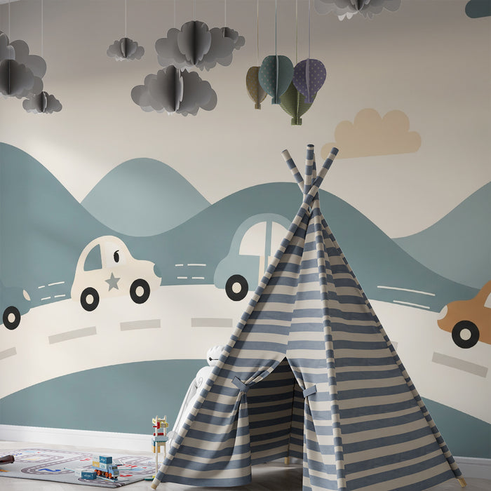 Papier peint chambre enfant | Voitures colorées sur une route sinueuse avec des collines