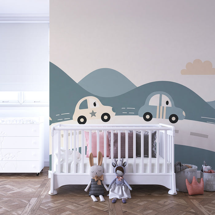 Papier peint chambre enfant | Voitures colorées sur une route sinueuse avec des collines
