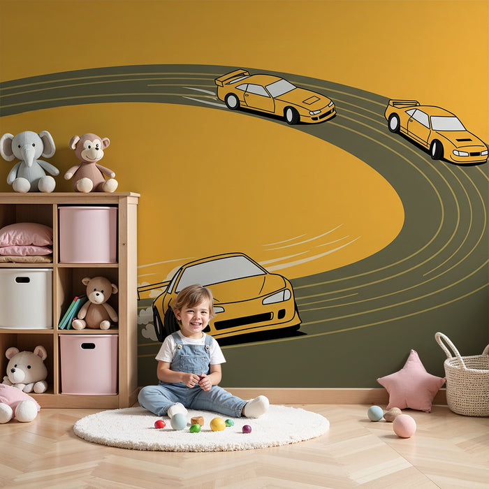 Papier peint chambre enfant | Voitures de course stylisées sur fond jaune