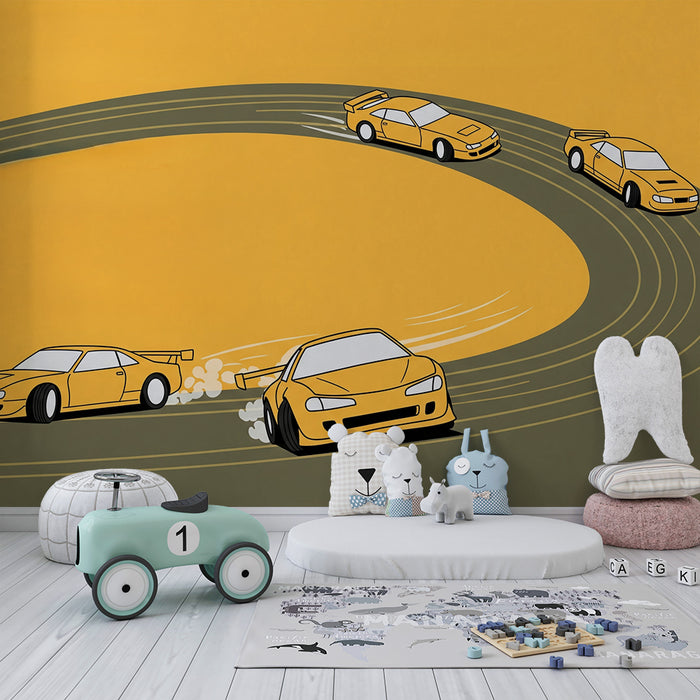 Papier peint chambre enfant | Voitures de course stylisées sur fond jaune