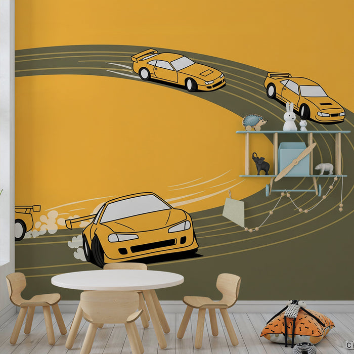 Papier peint chambre enfant | Voitures de course stylisées sur fond jaune