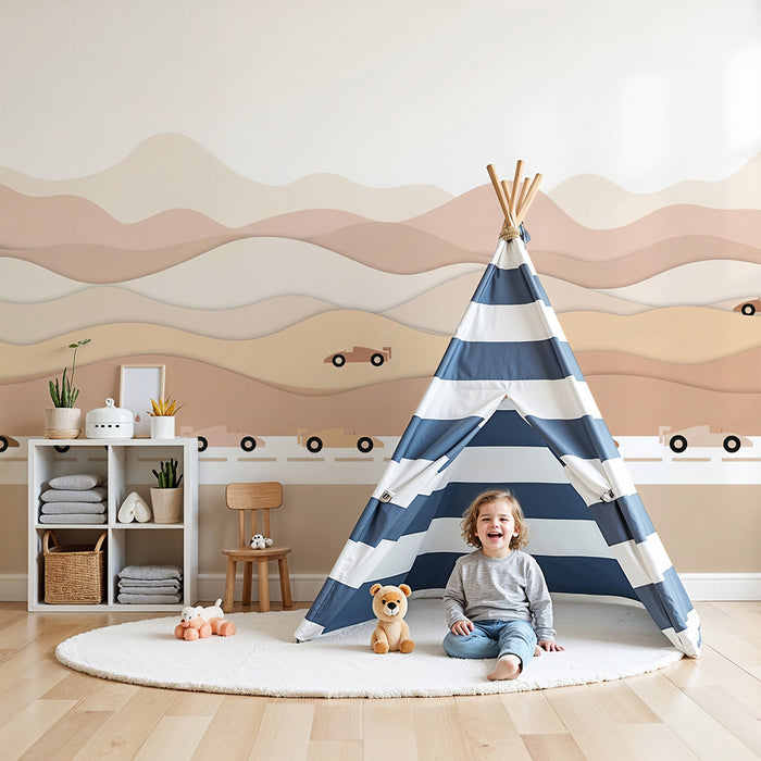 Papier peint chambre enfant | Voitures de course sur fond de paysages désertiques
