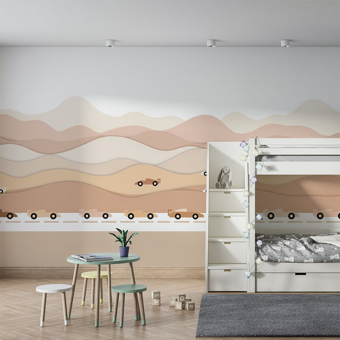 Papier peint chambre enfant | Voitures de course sur fond de paysages désertiques