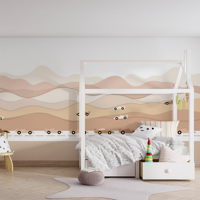 Papier peint chambre enfant | Voitures de course sur fond de paysages désertiques