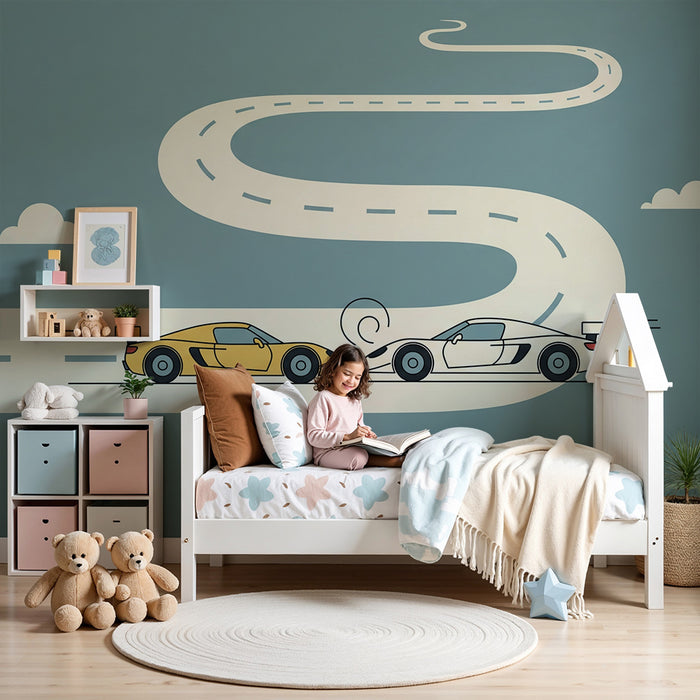 Papier peint chambre enfant | Voitures de course sur une route sinueuse
