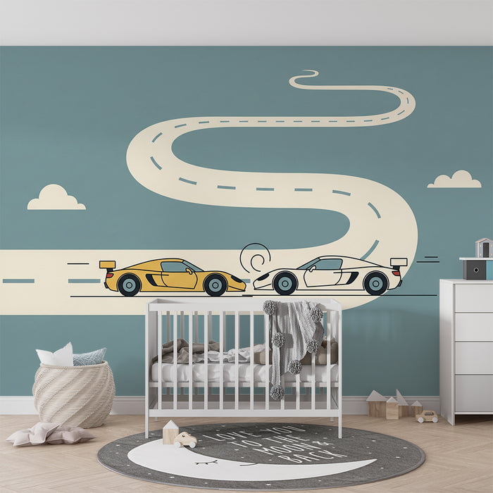 Papier peint chambre enfant | Voitures de course sur une route sinueuse