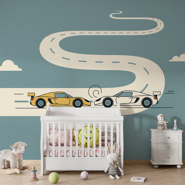 Papier peint chambre enfant | Voitures de course sur une route sinueuse