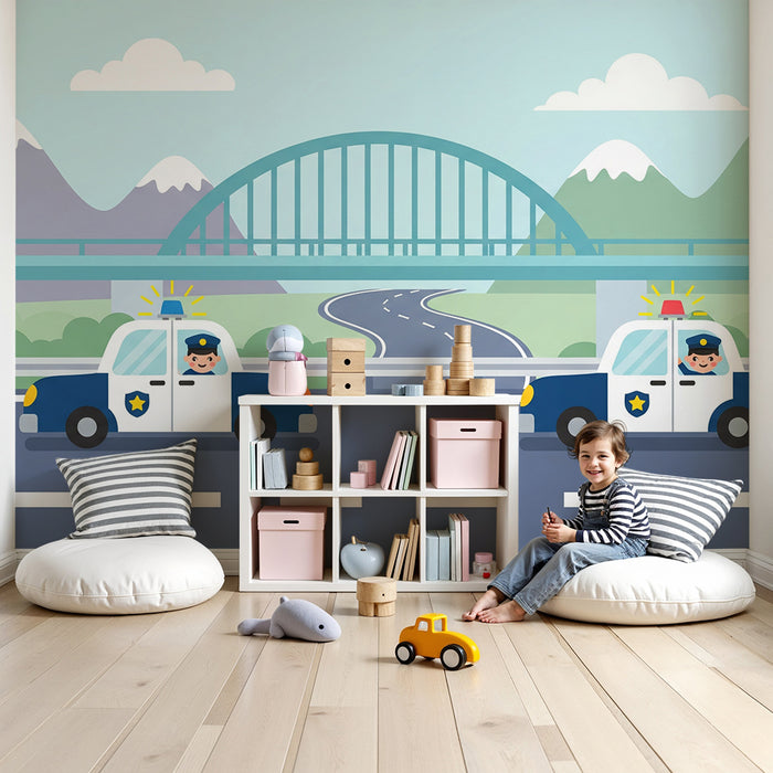 Behang voor kinderkamer | Politiewagens op een kronkelende weg met bergen op de achtergrond