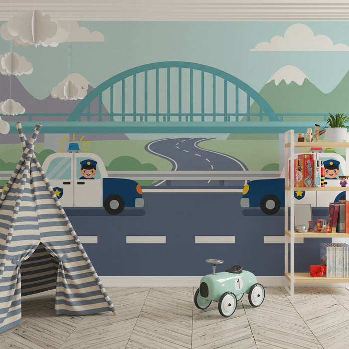 Behang voor kinderkamer | Politiewagens op een kronkelende weg met bergen op de achtergrond