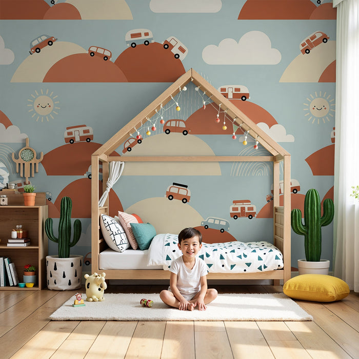 Papier peint chambre enfant | Voitures et collines sous un ciel ensoleillé