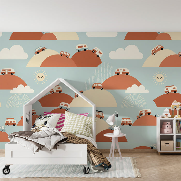 Papier peint chambre enfant | Voitures et collines sous un ciel ensoleillé