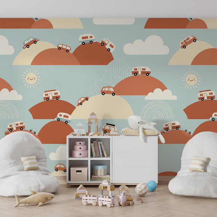 Papier peint chambre enfant | Voitures et collines sous un ciel ensoleillé