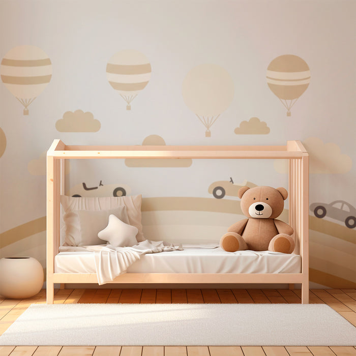 Tapete Kinderzimmer | Autos und Heißluftballons auf einem sanften Regenbogen