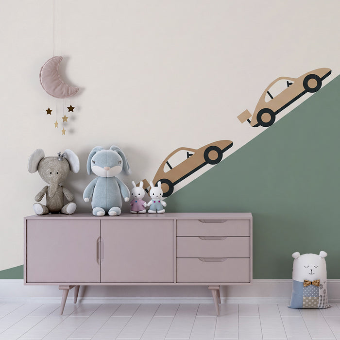Tapeta do dětského pokoje | Stylizovaná auta jedoucí do kopce