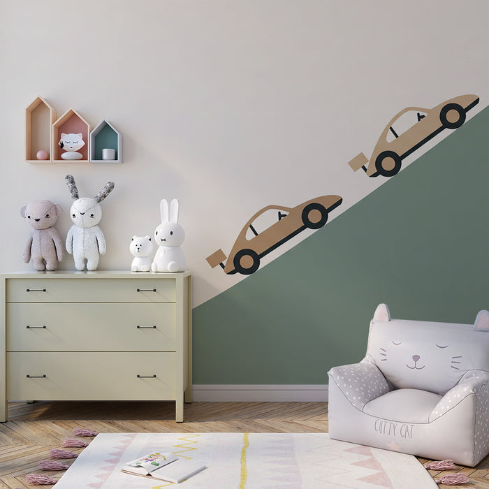 Tapeta do dětského pokoje | Stylizovaná auta jedoucí do kopce