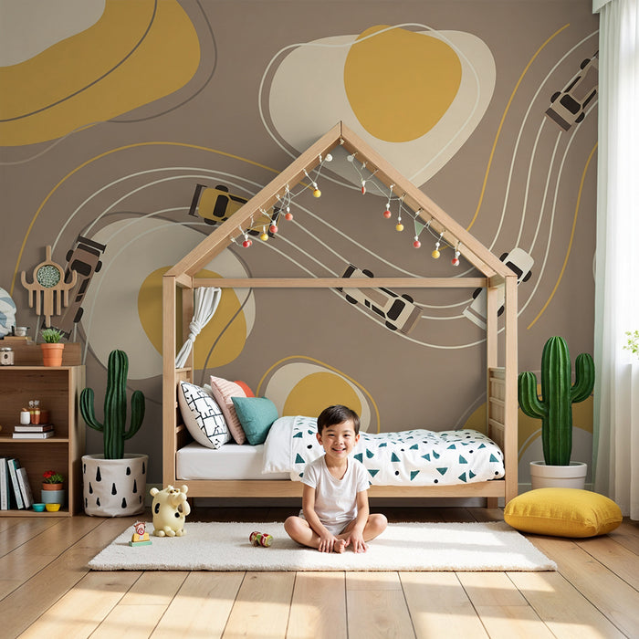 Papier peint chambre enfant | Voitures stylisées sur routes sinueuses avec motifs modernes