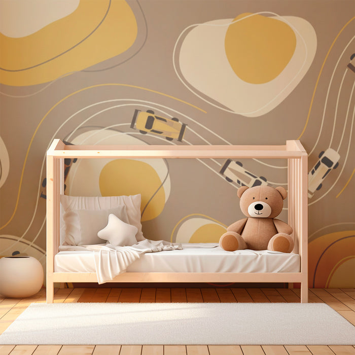 Papier peint chambre enfant | Voitures stylisées sur routes sinueuses avec motifs modernes