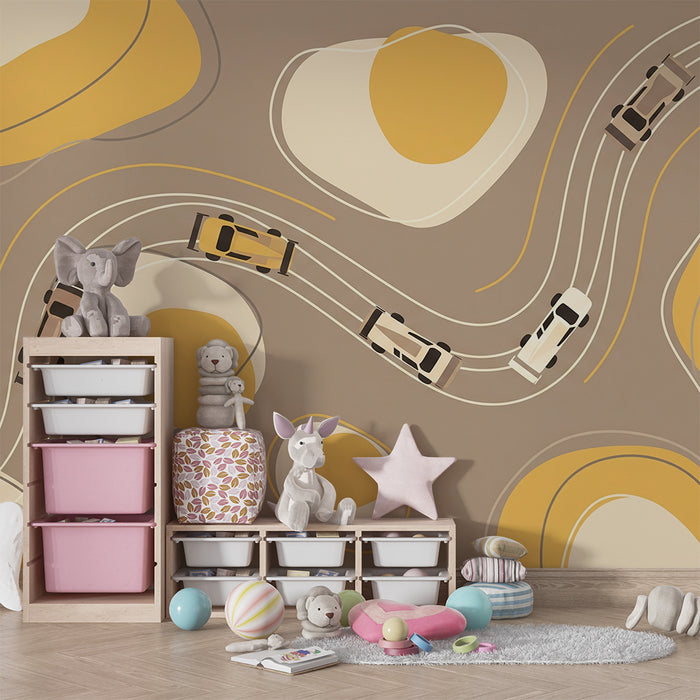 Papier peint chambre enfant | Voitures stylisées sur routes sinueuses avec motifs modernes