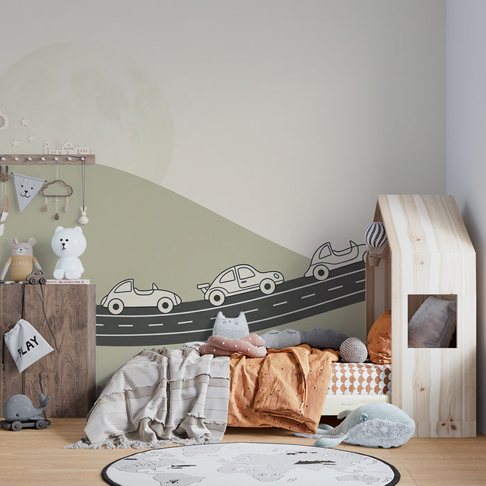 Kinderzimmer Tapete | Stilisierte Autos auf einer kurvigen Straße