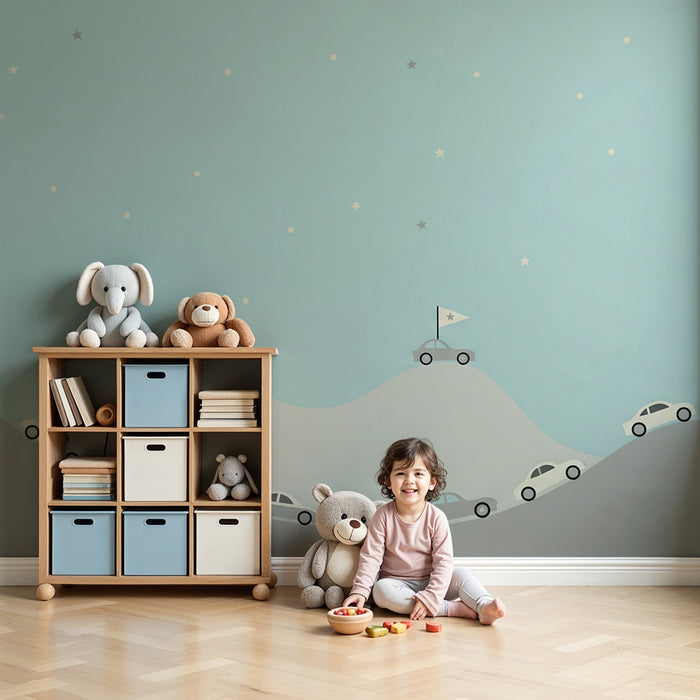 Papier peint chambre enfant | Voitures sur collines sous un ciel étoilé
