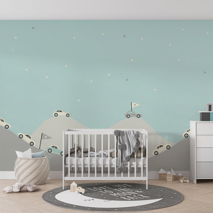 Papier peint chambre enfant | Voitures sur collines sous un ciel étoilé