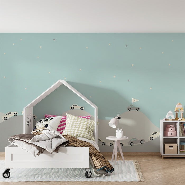 Papier peint chambre enfant | Voitures sur collines sous un ciel étoilé