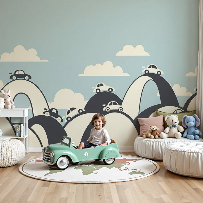 Papel de parede para quarto infantil | Carros em colinas estilizadas com nuvens