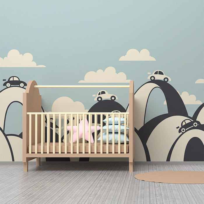 Papel de parede para quarto infantil | Carros em colinas estilizadas com nuvens
