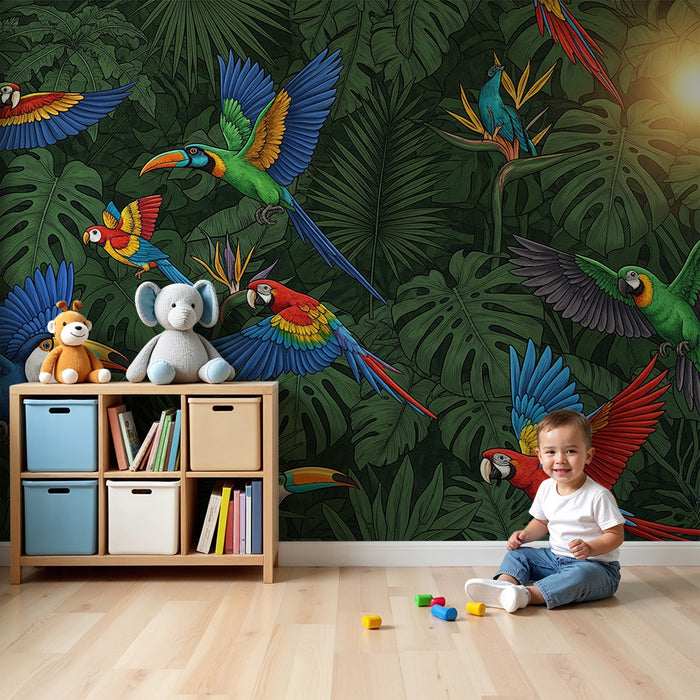 Carta da parati bambini | Volo di pappagalli colorati nel cuore della giungla tropicale