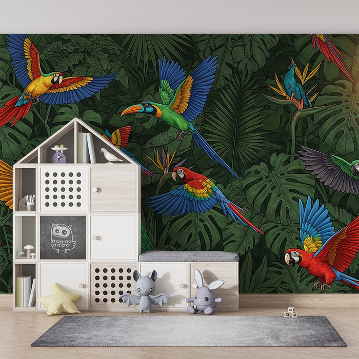 Carta da parati bambini | Volo di pappagalli colorati nel cuore della giungla tropicale