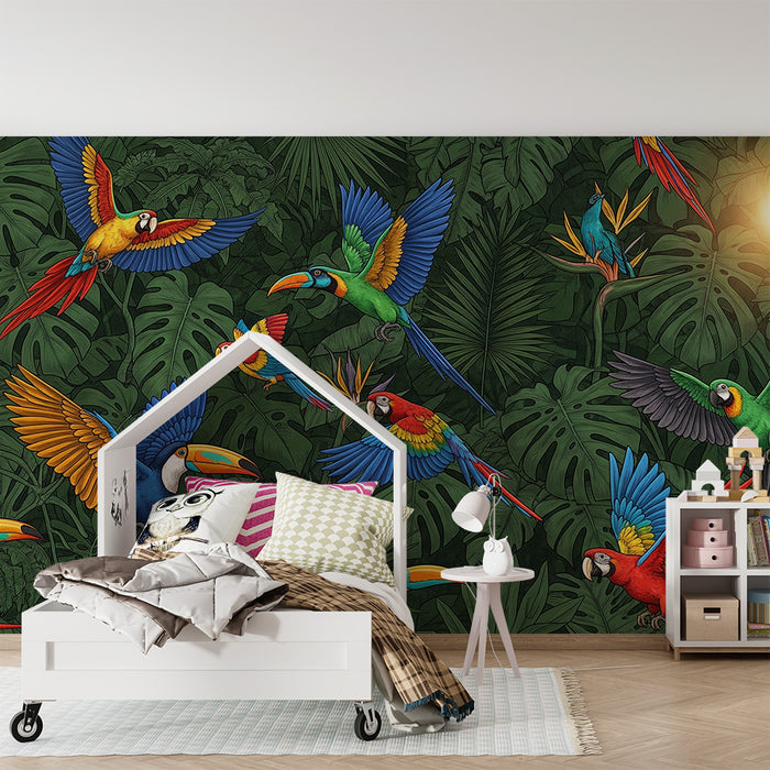 Carta da parati bambini | Volo di pappagalli colorati nel cuore della giungla tropicale