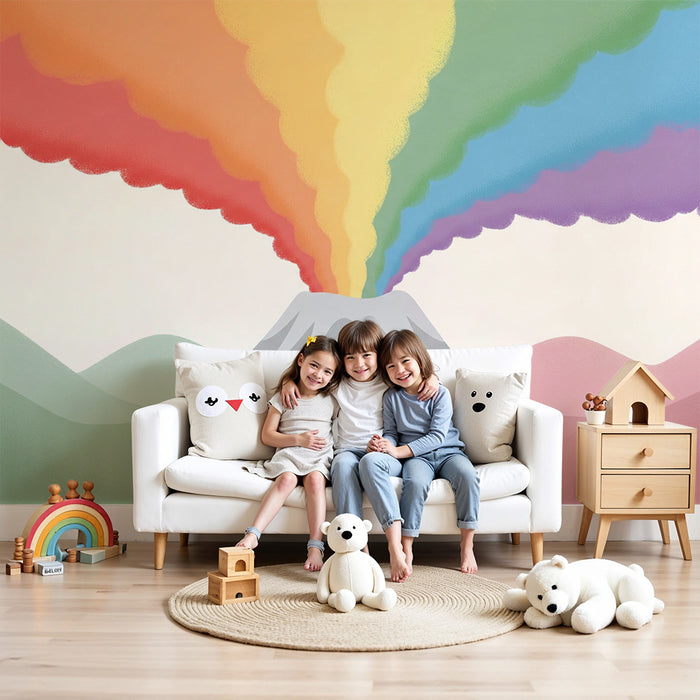 Kinderzimmer Tapete | Bunter Vulkan mit Regenbogenwolken