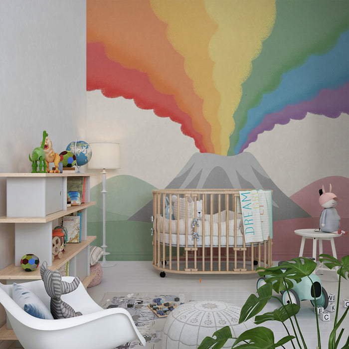 Kinderzimmer Tapete | Bunter Vulkan mit Regenbogenwolken