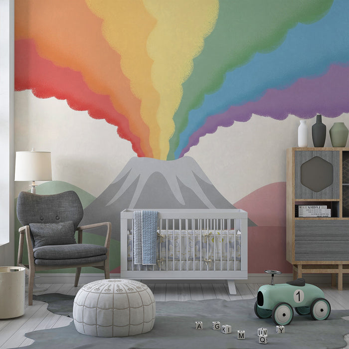 Kinderzimmer Tapete | Bunter Vulkan mit Regenbogenwolken
