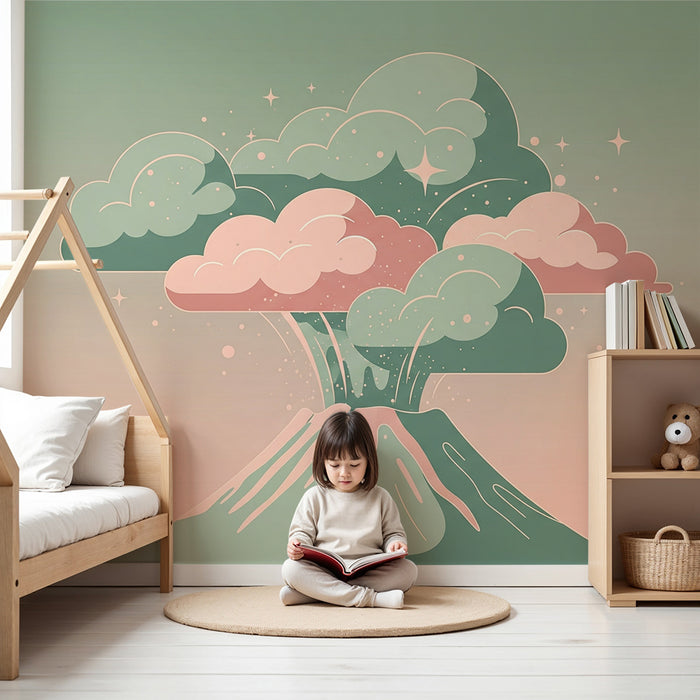 Papel de parede criança | Mágico vulcão com nuvens pastel e estrelas cintilantes