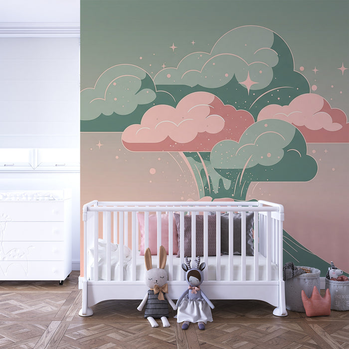 Papel de parede criança | Mágico vulcão com nuvens pastel e estrelas cintilantes