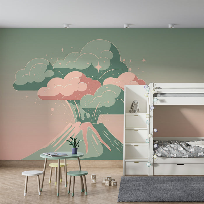 Papel de parede criança | Mágico vulcão com nuvens pastel e estrelas cintilantes