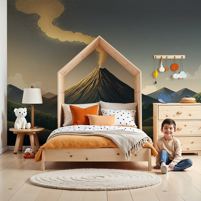 Behang kinderkamer | Majestueuze vulkaan en groene landschappen