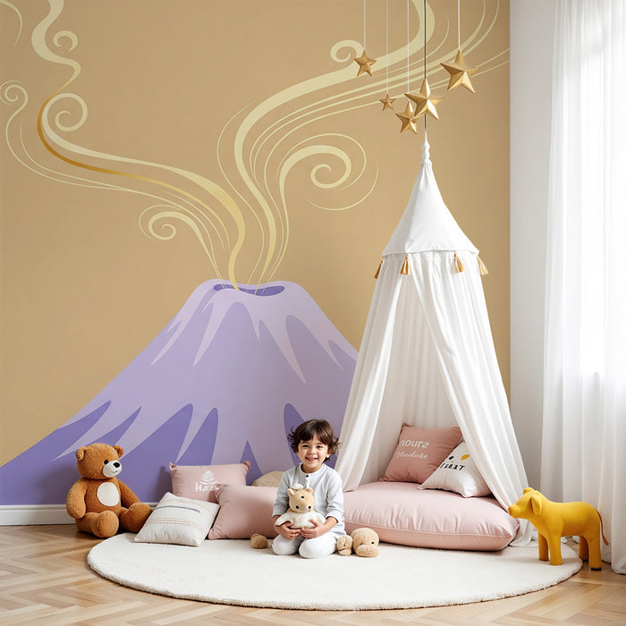 Kinderzimmer Tapete | Stilisierter Vulkan mit bunten Emissionen