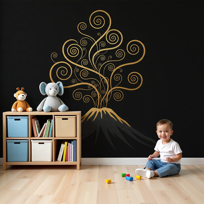 Kids room wallpaper | Stylized volcano with golden swirling patterns