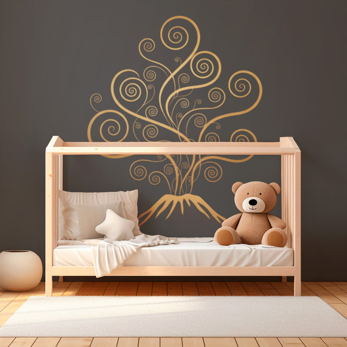 Kids room wallpaper | Stylized volcano with golden swirling patterns