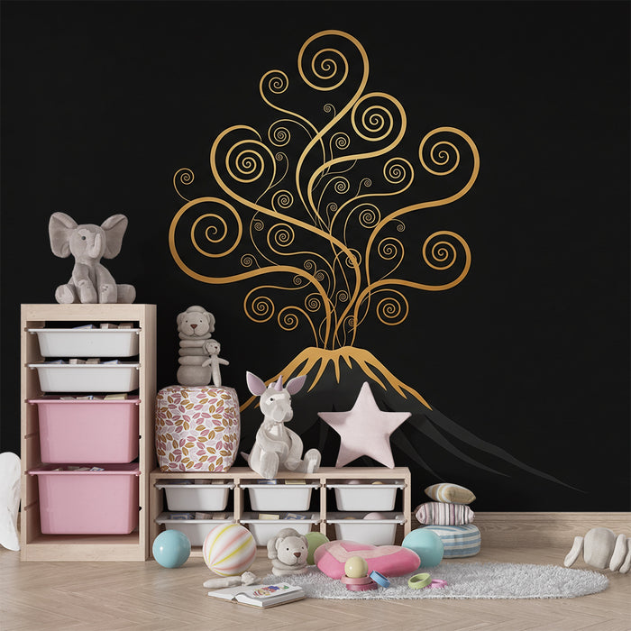 Kids room wallpaper | Stylized volcano with golden swirling patterns