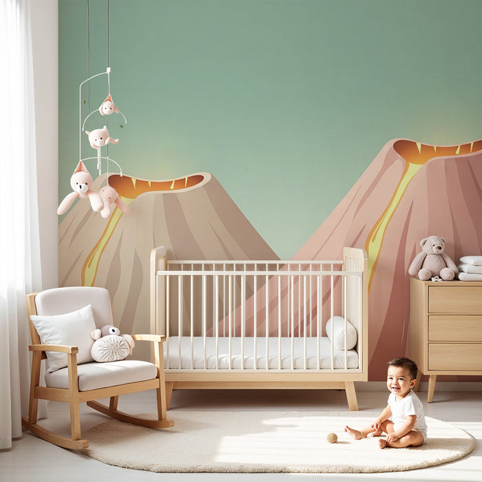 Kinderzimmer Tapete | Bunte Vulkane mit stilisierter Eruption