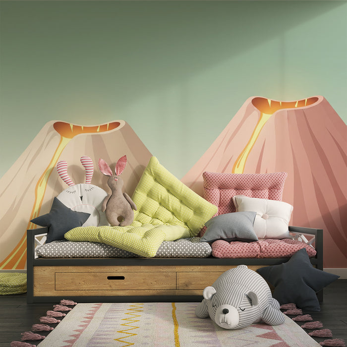 Kinderzimmer Tapete | Bunte Vulkane mit stilisierter Eruption