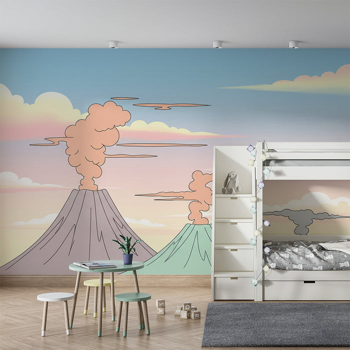 Tapet barnerom | Fargerike vulkaner under en pastellhimmel